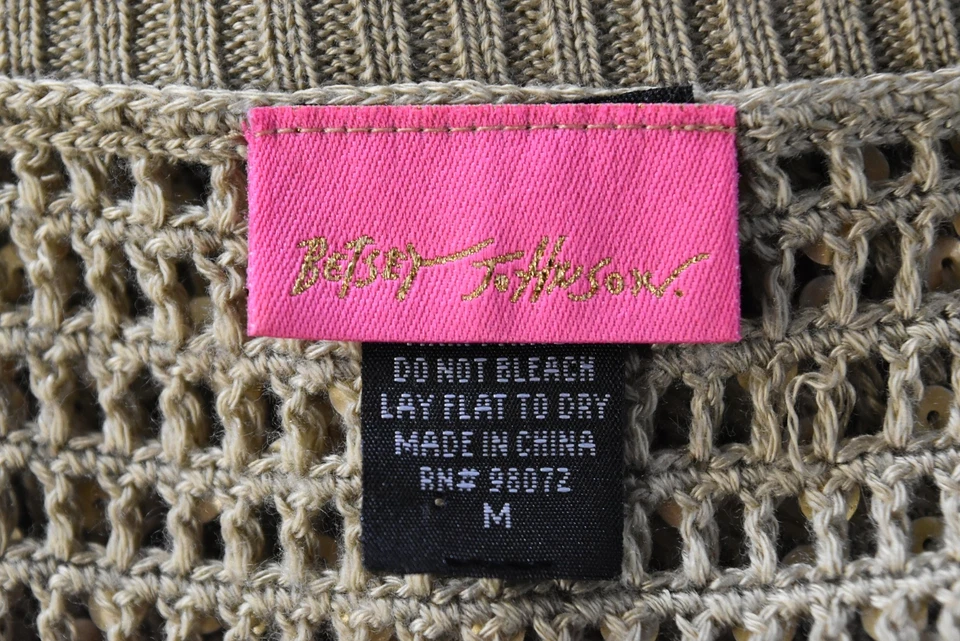 Suéter para mujer Betsey Johnson talla M beige topo lentejuelas cárdigan manga gorra Foto 4 de 4