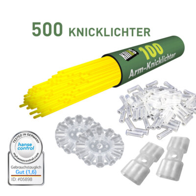 500 Premium Arm-Knicklichter - KNIXS in Gelb 205 x 5 mm mit 2D Verbinder BUNT