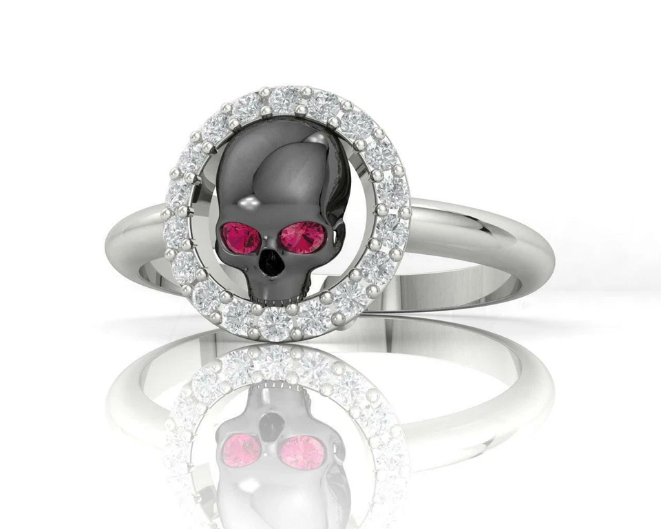 Anillo para mujer 935 plata 0,80 TCW simulado corte redondo zafiro y rubí diseño calavera Foto 3 de 4