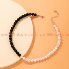 New Women 8mm Black White Shell Pearl Round Beads Choker Necklace 14-36in