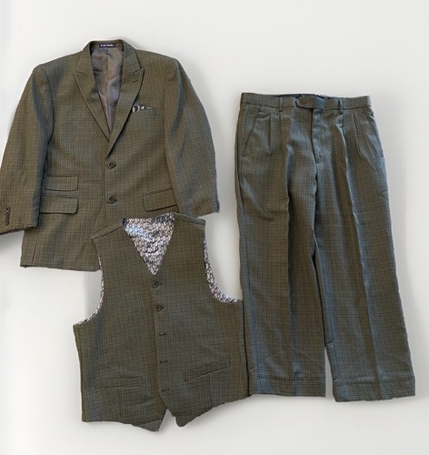 Tony Blake Men’s 40R Single Breasted Brown Plaid 3 Piece Suit Pleated Pant 36X28