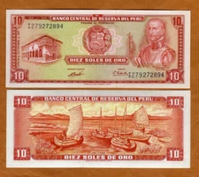 Peru, 10 Soles De Oro, 1971, P-100b, UNC Lake Titicaca, Boats, Inca de la Vega