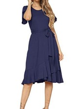 NWT NAVY BLUE XL levaca Womens Plain Casual Swing Midi Modest Belted Dress