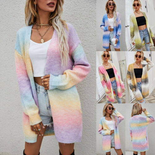 Ladies Rainbow Knitted Cardigan Long Sleeve Casual Sweater Coat Oversized - Picture 1 of 27