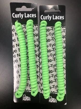2 PAIR-NEW Elastic No Tie Shoe Laces Curly  Adults Kids Flourescent Green