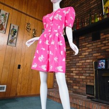Vtg 80s Hot Bubblegum Pink Puff Sleeves Princess Pocket Shorts Playsuit Romper M