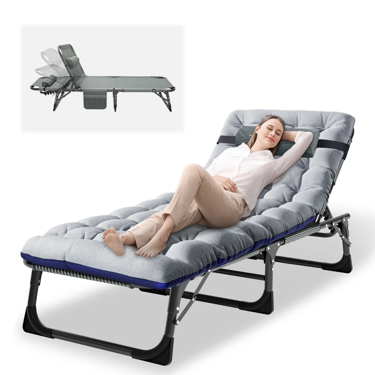 MOPHOTO Adjustable 5 Position Reclining Lounge Chair Camping Cot w Mat Pillow