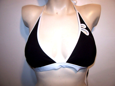 NEW Kenneth Cole  Large L solid black white bikini swimsuit halter style top