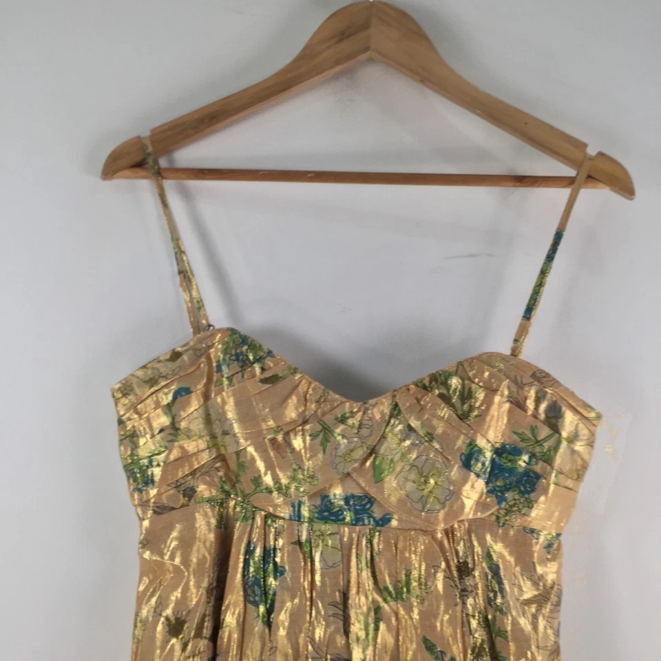 Vestido La Rok mujer talla S aus 8 corte acampanado seda dorado floral sin mangas 111408 Foto 2 de 4