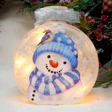 Stony Creek Decorative Lighted Glass Pom Hat Snowman Bluebird 4.5" Jar EMB17
