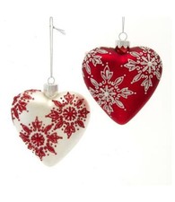 Set of 2 RED  WHITE SNOWFLAKE HEART Glass Christmas Ornaments by Kurt Adler