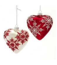Set of 2 RED & WHITE SNOWFLAKE HEART Glass Christmas Ornaments by Kurt Adler