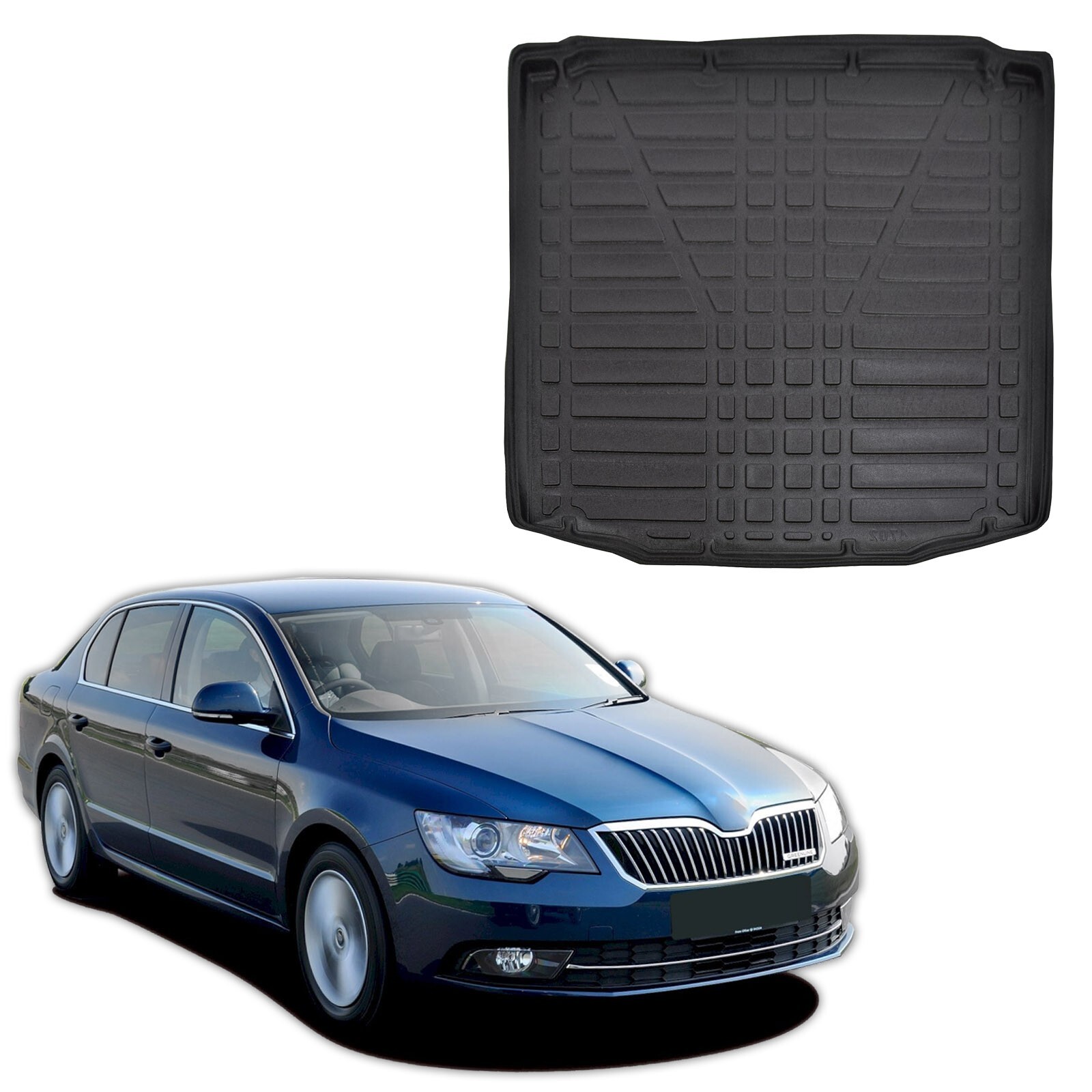 Tapis de coffre sur mesure Skoda Superb 2 berline 4 portes de 2008 à 2015 en caoutchouc noir robust