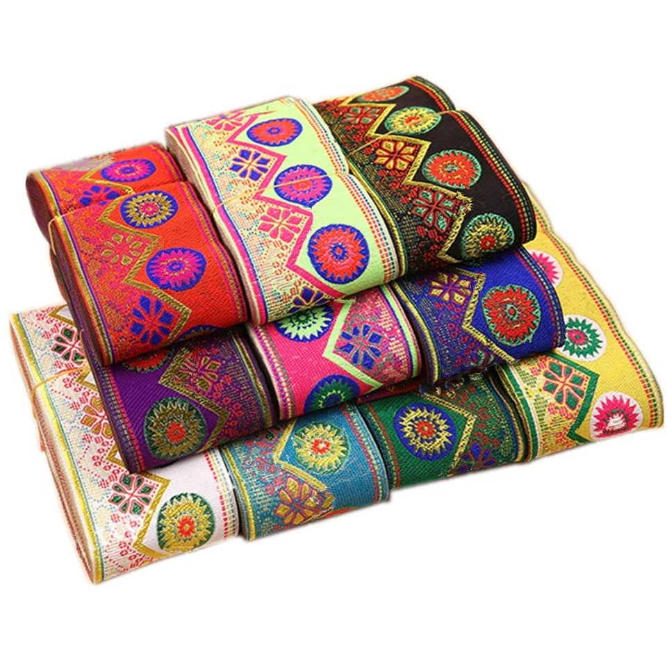 Sunrise Sunset Mountain Jacquard Ribbon Suzani Floral Trim 2" Gold 7 Yards - Image 3 of 4