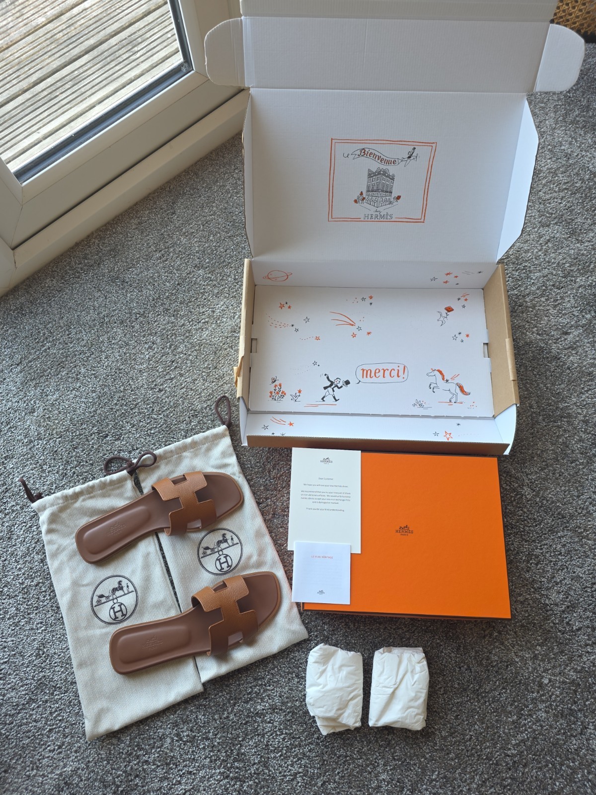 Hermes Gold (tan) orans, 39.5,  Boxed, Receipt, Card, Dustbags.