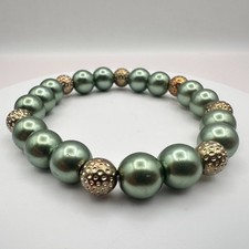 Vintage 90s Sage Green Faux Pearl Gold Tone Textured Beads Stretch Bracelet Boho
