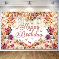 Pink Flower Happy Birthday Banner Backdrop 5x3Ft Rose Gold Party Decor