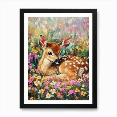 Ölgemälde Junghirsche in freier Wildbahn gerahmt Wandbild Poster Leinwanddruck Bild