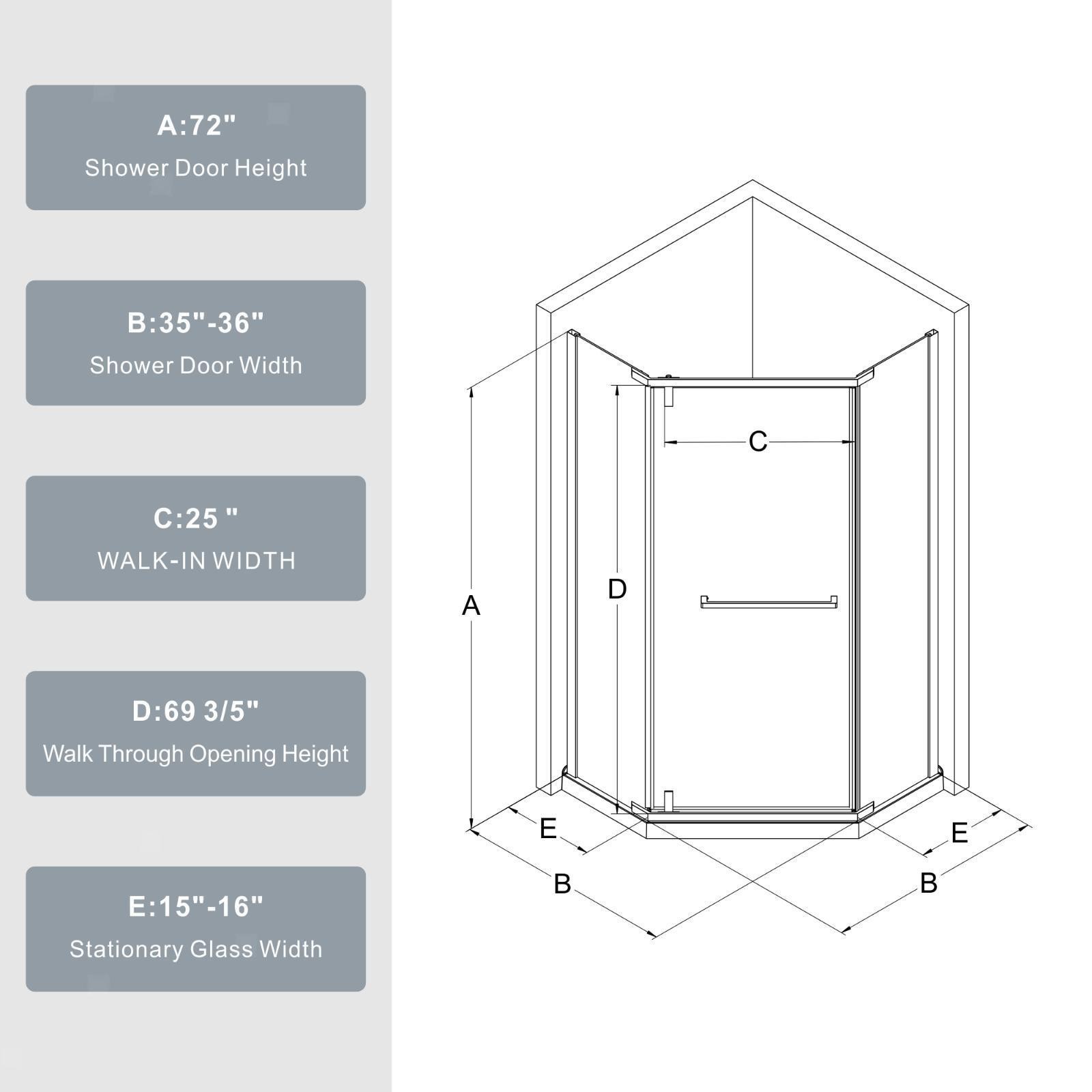 Premium Corner Shower Enclosure 36x36x72 with Stainless Steel Hardware &