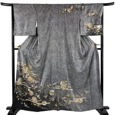 Vintage Japanese Silk Kimono Robe   Black Gray Yukiwa Floral Gold