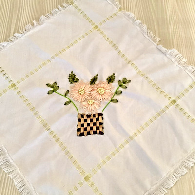Vintage Silk Ribbon Embroidery Flower Basket Panel Fringed Mat Topper 15x16
