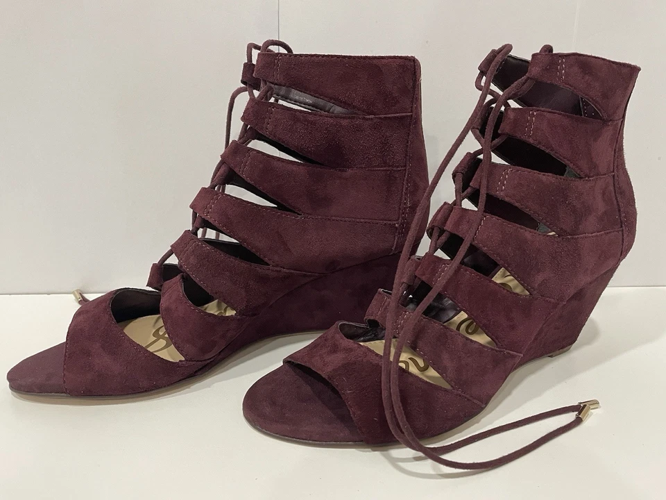 Sam Edelman 麂皮角斗士楔形凉鞋勃艮第系带露趾 7.5 米 EU 38 — 第 4/4 张图片