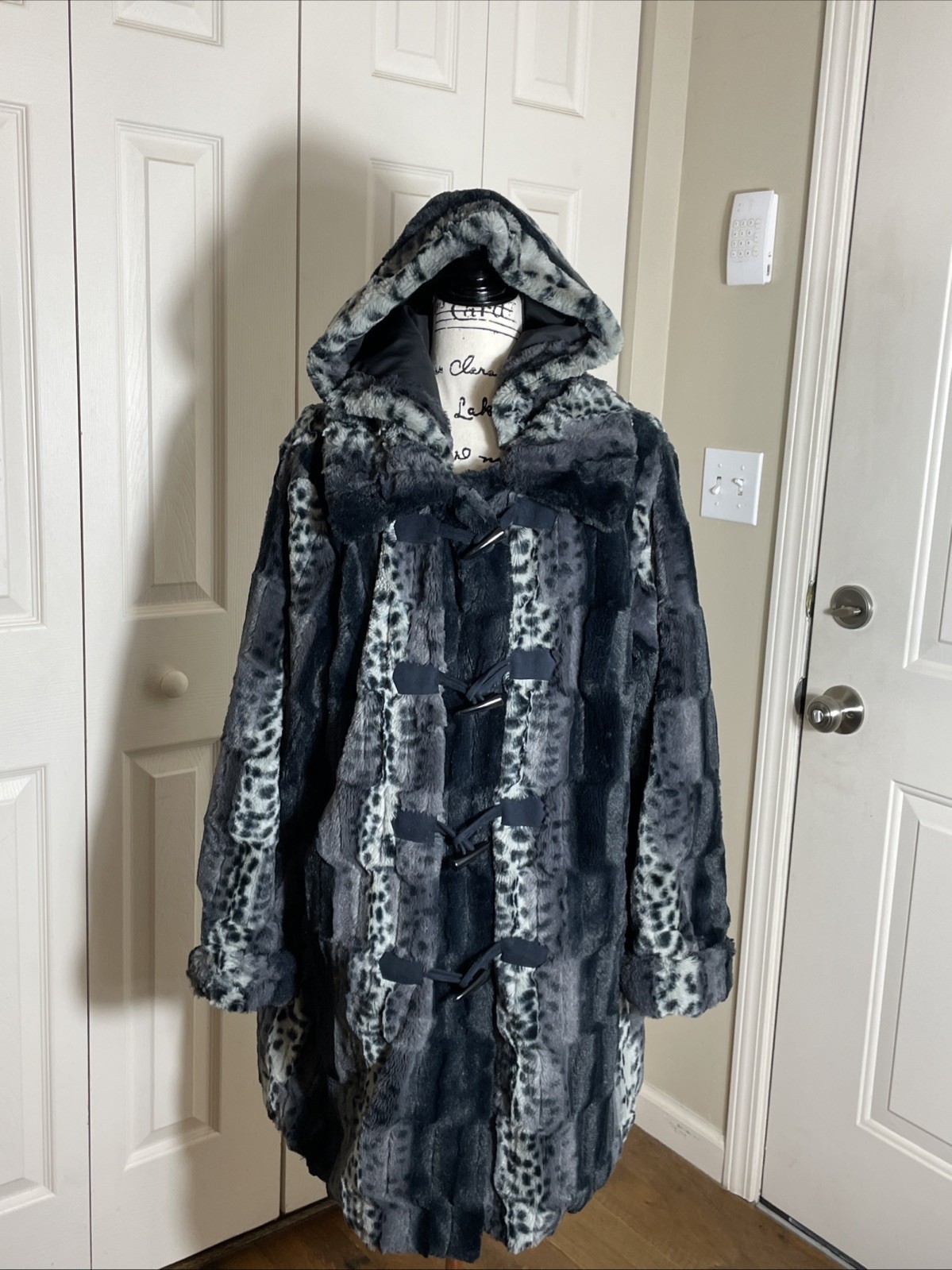 Dennis Basso Reversible Faux Fur Toggle Coat A228866 Black/Gray Detachable Hood