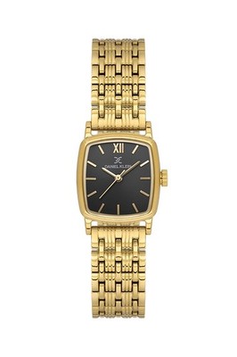 Womens 22mm Square Quartz Watch Steel Strap Gold / Black Dial