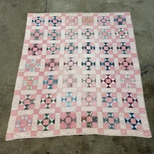 Vintage 30s Homemade Quilt Bow Tie Pink White Patchwork Hourglass Antique 63x72