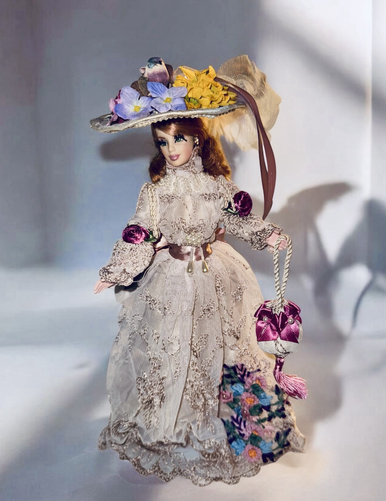 OOAK Barbie With Handmade Victorian Outfit Dress Bag Hat & Stand STUNNING Lacy