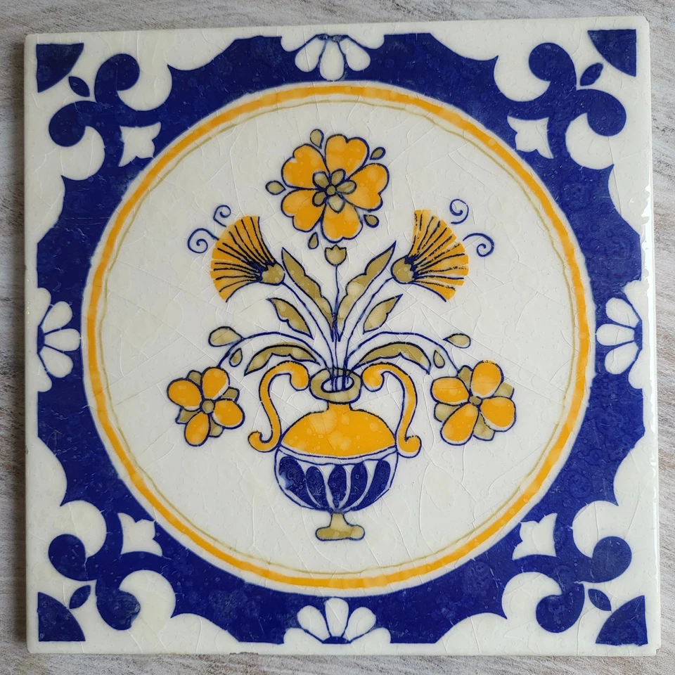 Jarrón vintage portugués años 60 azul blanco amarillo arreglo floral azulejo 6" Foto 3 de 4