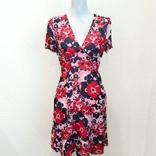Michael Kors Floral V-Neck Dress Short Sleeve Pockets Pink Red Blue 4 NWT
