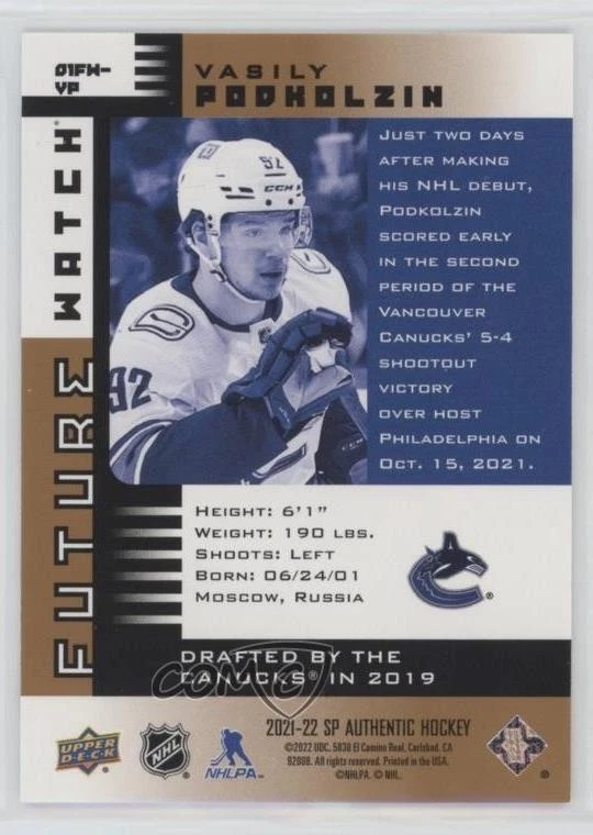 2021 SP Authentic 2001-02 Retro Future Watch Limited Vasily Podkolzin Rookie RC - Image 2 of 2