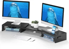 Dual Monitor Stand Riser with Smartphone Holder, Adjustable Length & Swivel Angl