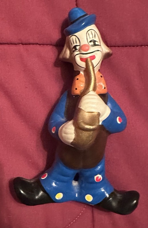 Ardco Porcelain Hand Painted Clown w/ Saxophone 7" Figurine Vintage Blue