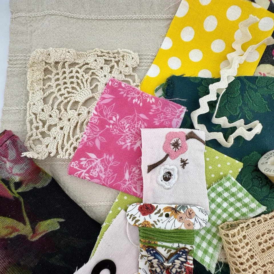 Slow Stitch Pink Green Yellow Kit Embroidery Vintage Trim Lace Floss Scrap Craft - Image 4 of 4