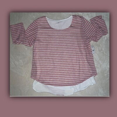 Soho New York & Company Jeans XL 3/4 Sleeve Blouse Split Back Pink White Stripe