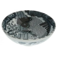 SET of 2 Japanese Rice Ramen Bowls 8.25"D Porcelain Navy Black Koi Made in Japan