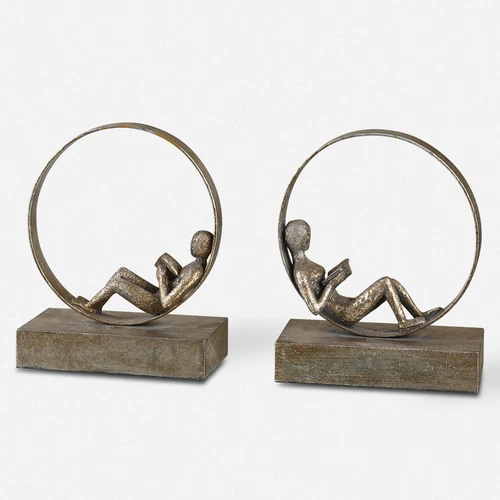 UTTERMOST 19596 LOUNGING READER ANTIQUED SILVER LEAF BOOKENDS SET OF 2 - Picture 5 of 5