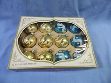 12 VINTAGE CHRISTMAS STENCILED ORNAMENTS ~ 7 GOLD 5 BLUE MADE in USA !