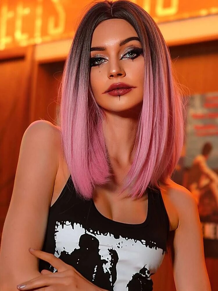 Short Synthetic Wigs For Women Black Pink Straight Bob Wig New