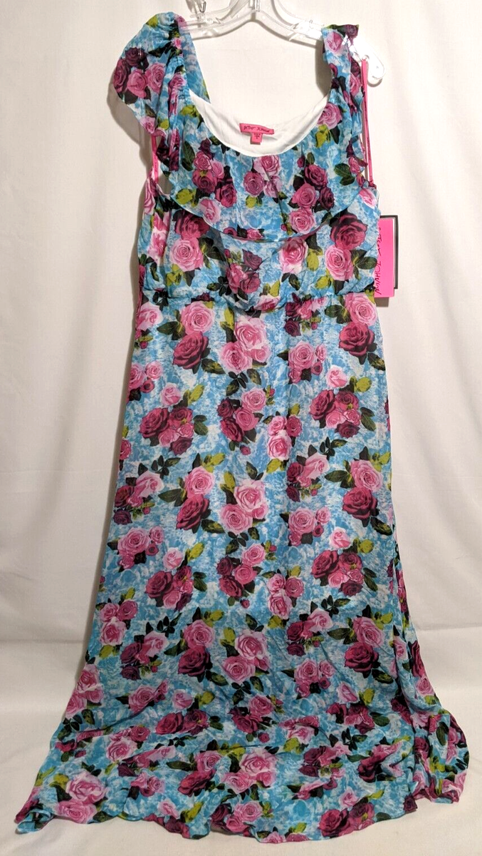 Betsey Johnson Size 16 Vintage Pink Label Blue Floral Long Ruffle