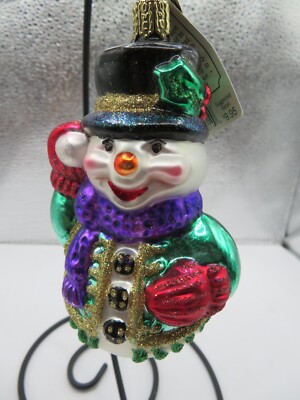 Old world Happy snowman glass Christmas ornament purple scarf-green ...