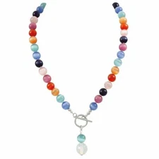 Melody Rainbow Cats Eye Beaded Silver Tone Toggle Statement Necklace