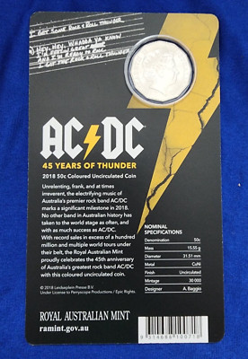2018 AC/DC 45 Years of Thunder 50c Colored Uncirculated Coin on Card