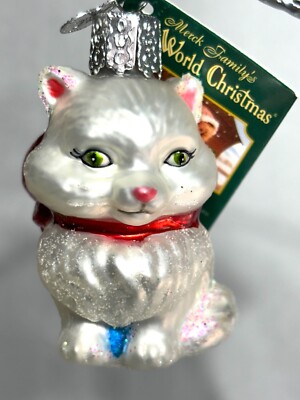Old World Christmas glass Ornament white kitten kitty cat red bow mini 3  x 2 