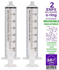 60cc  60ml Enteral Feeding Reusable Syringe Silicone O-ring ENFit Tip 2/pak
