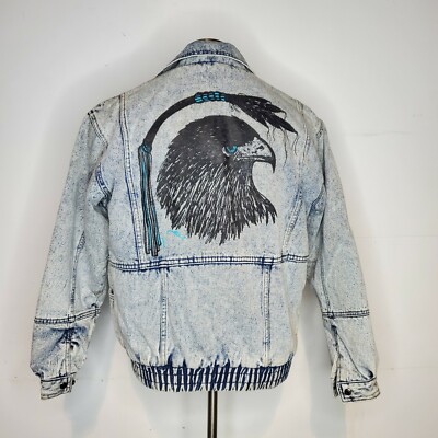 Vintage 90s Southwest Acid Wash Denim Jacket Small Ariel Sherpa Lined Eagle