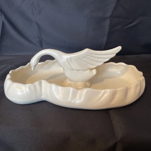 Vintage Haeger Art Pottery Ivory Satin Biomorphic Cloud Low Bowl & Swan MCM