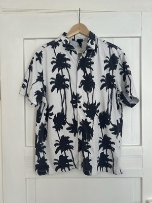 H&M Herren Hemd Gr. L Weiß Schwarz Palmen Kurzarm Hawaii Sommer Baumwolle